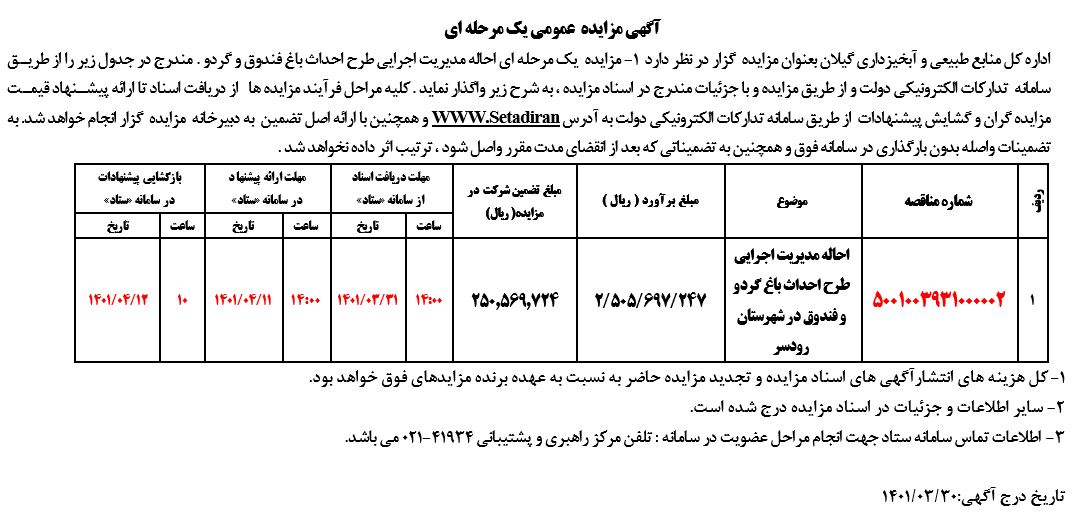 مزایده  یک مرحله ای احاله مدیریت اجرایی طرح احداث باغ فندوق و گردو